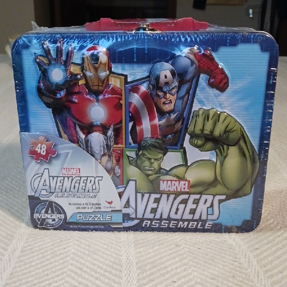 Sealed Marvel Avengers Assemble Puzzle Tin-Lunch Box, Blue, Red, and Green